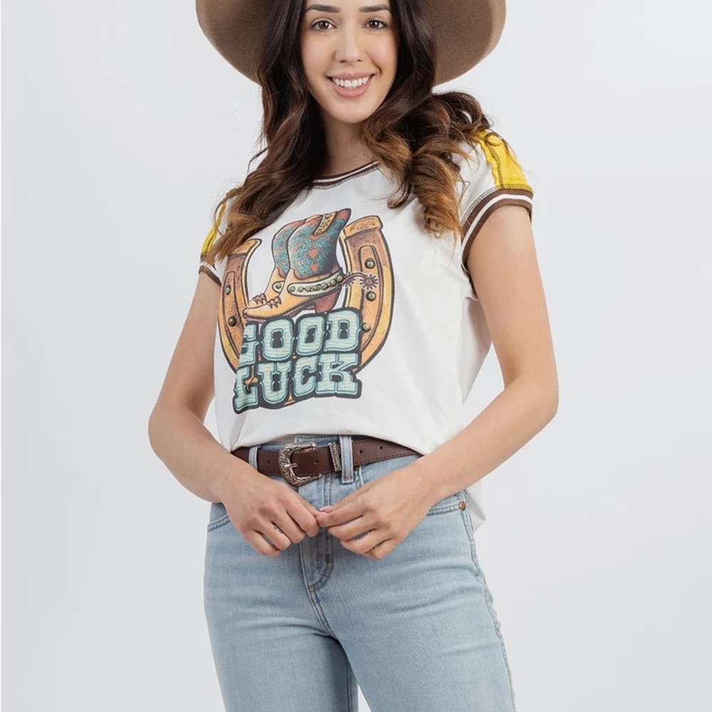 Elila White Tee with Yellow and Brown Accents